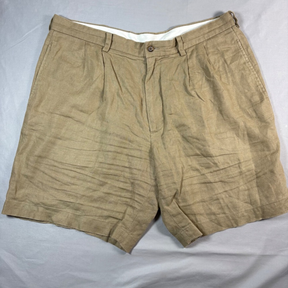Brooks Brothers 346 Mens 38 Linen Pleated Shorts Tan Khaki Preppy Coastal Summer